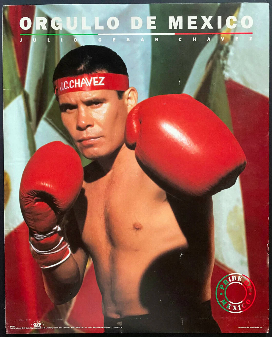 胡里奧·塞薩爾·查韋斯——墨西哥驕傲 壁紙 — 拳擊手 Julio Cesar Chavez 戴住紅色拳套，喺墨西哥國旗背景下凝視。
