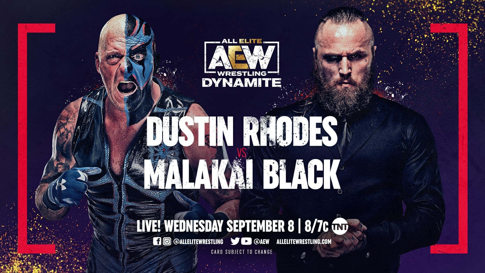 脈動強度 - Malakai Black 對決 Dustin Rhodes（AEW 環邊對決） 壁紙 — 兩位激烈的摔角手在黑暗的宇宙背景下對峙，帶有紅色框架和閃爍的粒子。