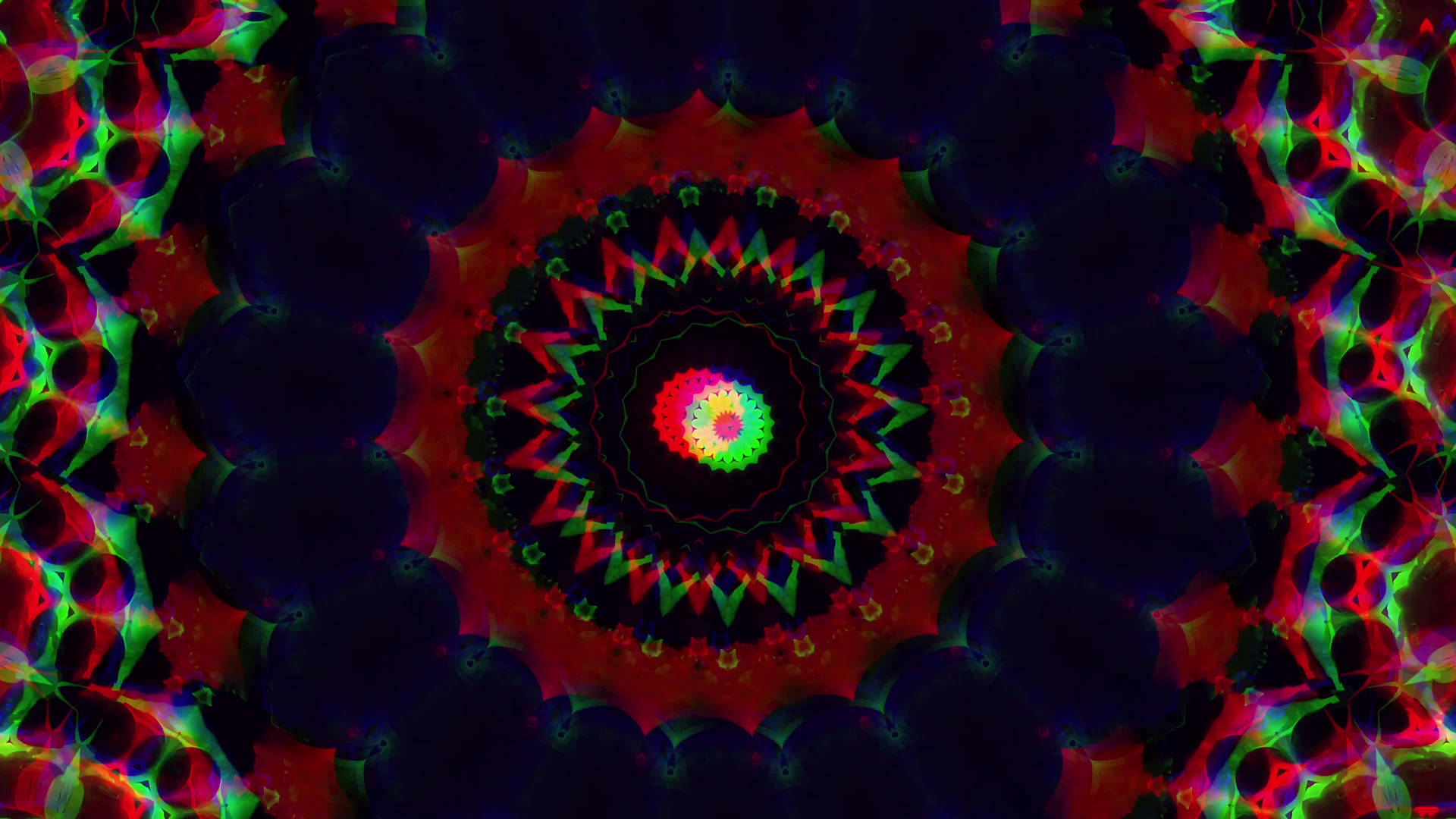 鮮豔的碎形曼陀羅，帶有發光中心和對稱的紅、綠、黑色圖案。