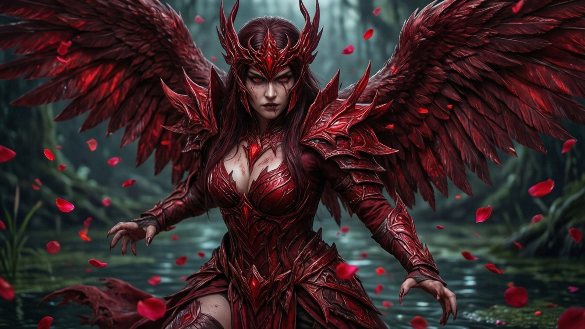 腐化女神 壁紙 — 一個惡魔般的女性形象，擁有深紅色的翅膀和盔甲，站在沼澤中，紅色花瓣在她周圍飄落。