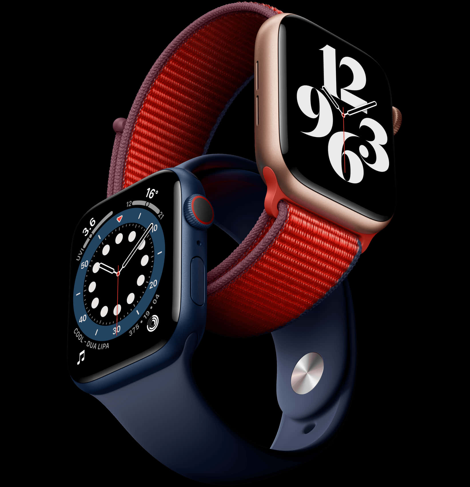 兩隻Apple Watch配以紅色和藍色錶帶，顯示不同的錶面。