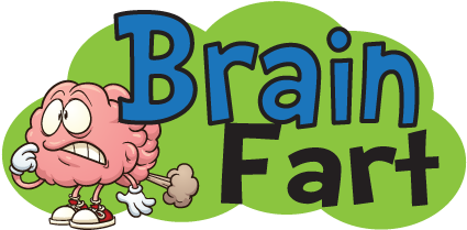 腦袋放屁卡通圖形 壁紙 — 一個有手有腳的卡通大腦，喺『Brain Fart』文字旁邊放出一個屁雲，表情震驚。