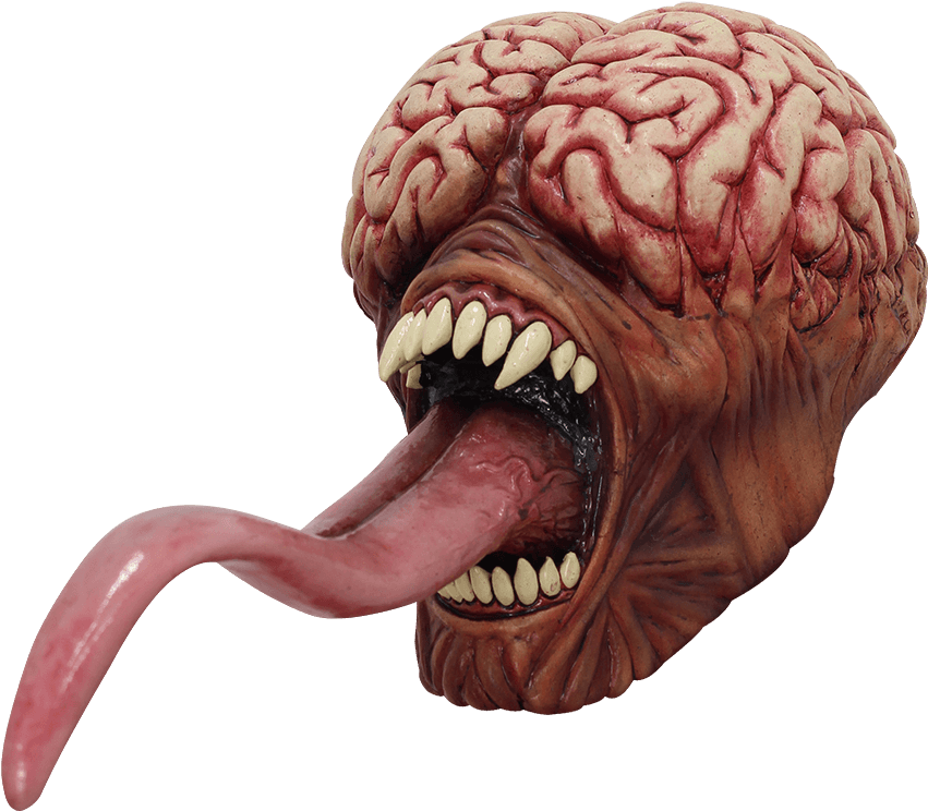 腦部怪物生物 壁紙 — 一個怪誕恐怖生物，頭部是大腦，長舌頭從張開的嘴中伸出。
