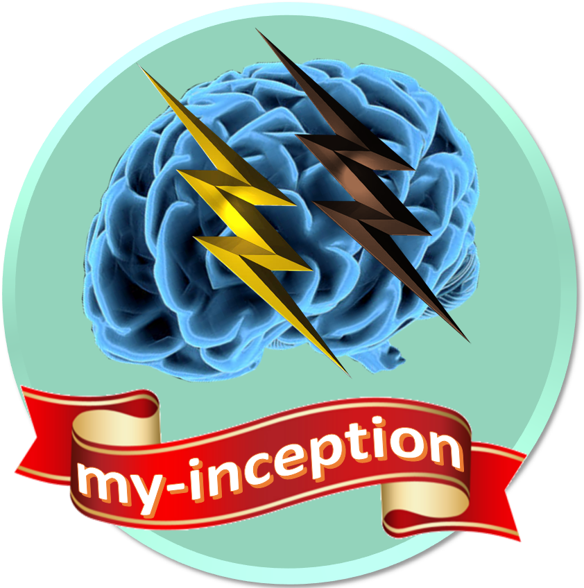 腦部閃電 Inception 標誌 壁紙 — 一個藍色的大腦，金色和棕色的閃電穿過它，由一條寫著 my-inception 的紅色絲帶框住。