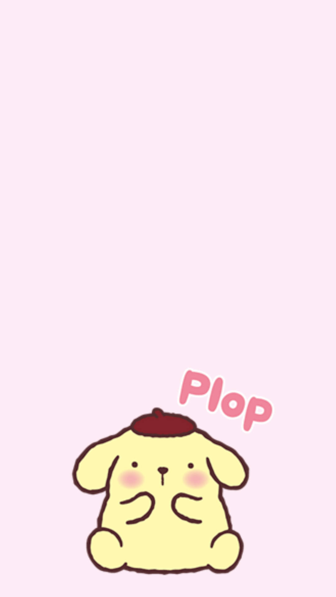 一隻黃色卡通小狗，戴著紅色貝雷帽，臉頰泛紅，上方有「Plop」文字。 — 布甸狗 GIF 壁紙