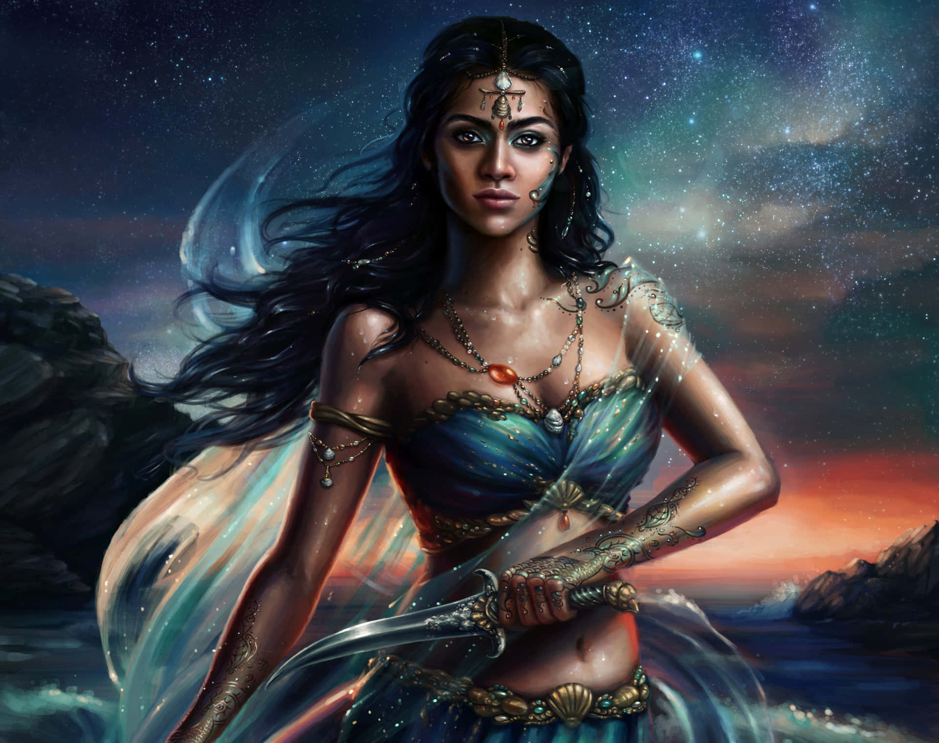一位幻想美人魚戰士在暮色中手持劍，頭頂有星星。
