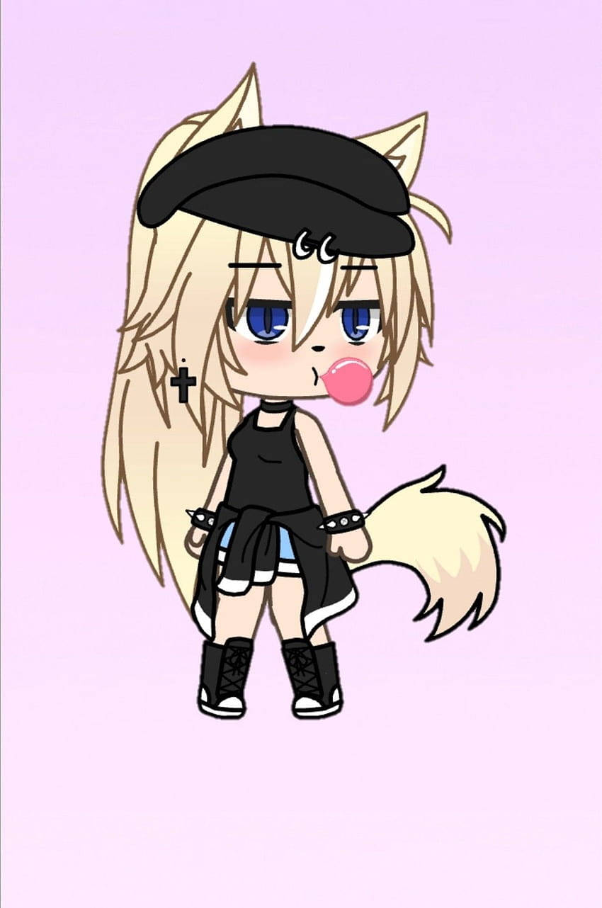 狐狸耳嘅chibi動漫女仔吹緊泡泡糖，戴住黑色貝雷帽同衫。