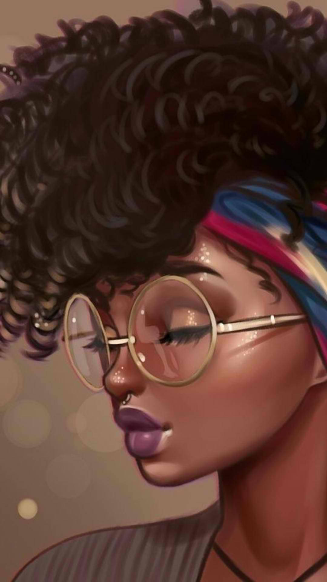 一幅數碼插圖中的女性，留著捲髮，戴著圓框眼鏡。