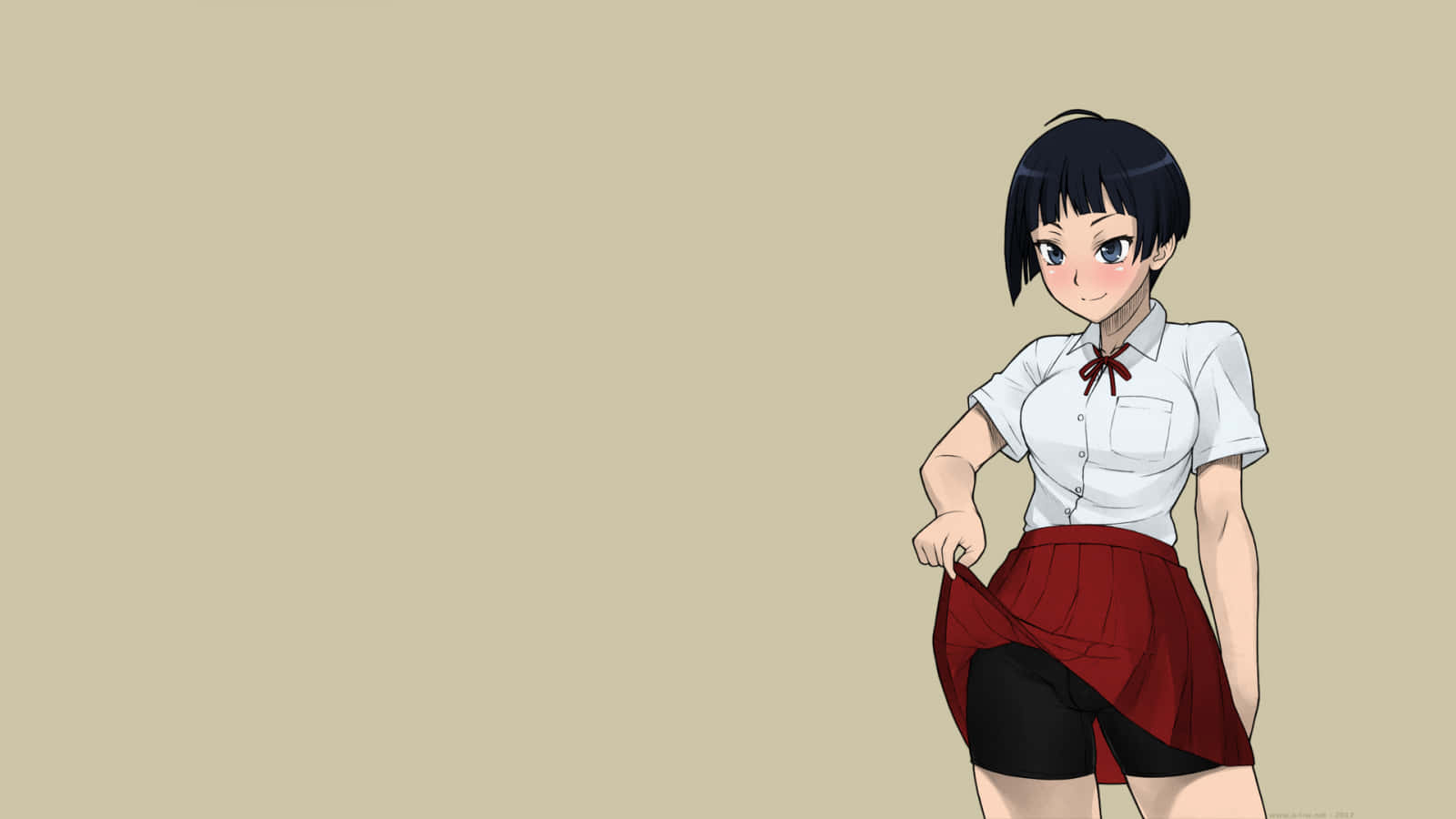 自信的假小子女孩準備征服世界 壁紙 — 動畫女孩穿著白襯衫和紅裙，在米色背景上頑皮地掀起裙子。