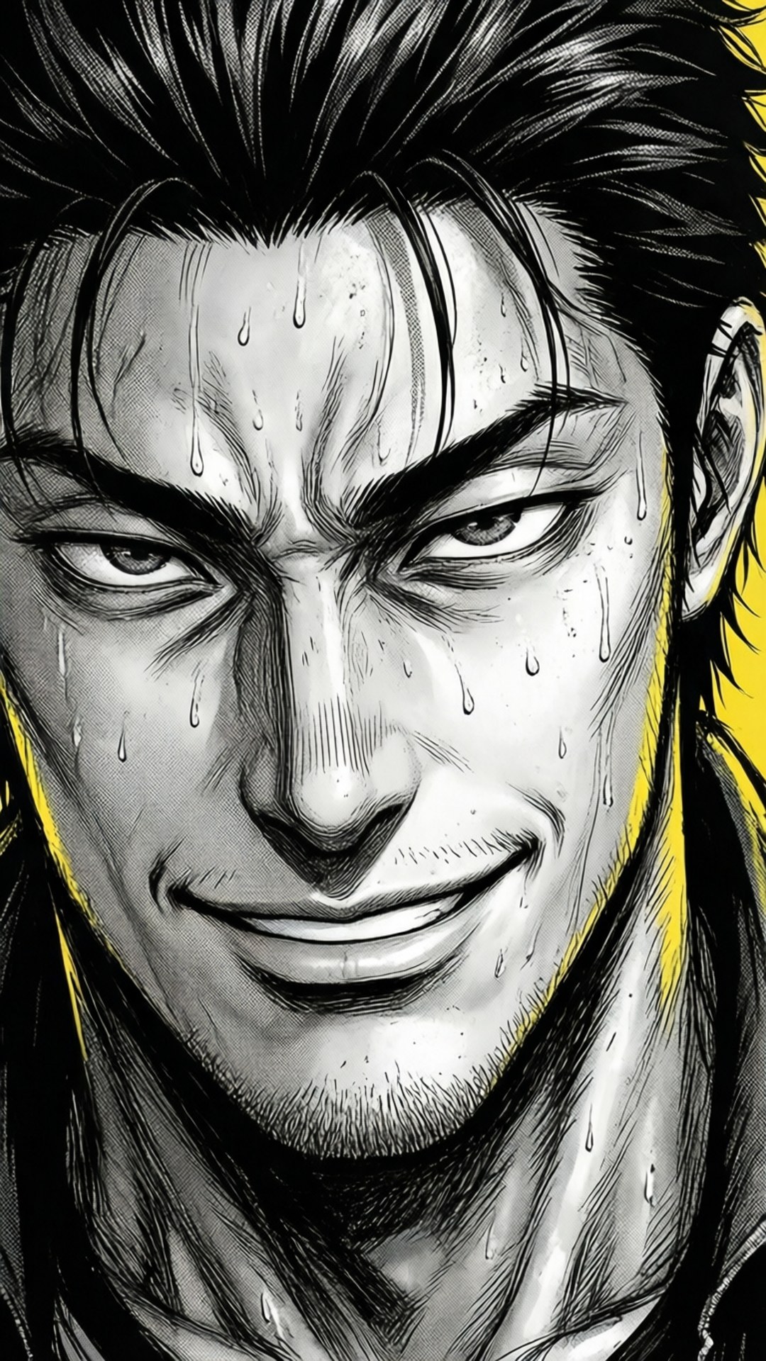 一個汗流浹背的男人，眼神銳利，露出猙獰的笑容，漫畫風格，黃色背景