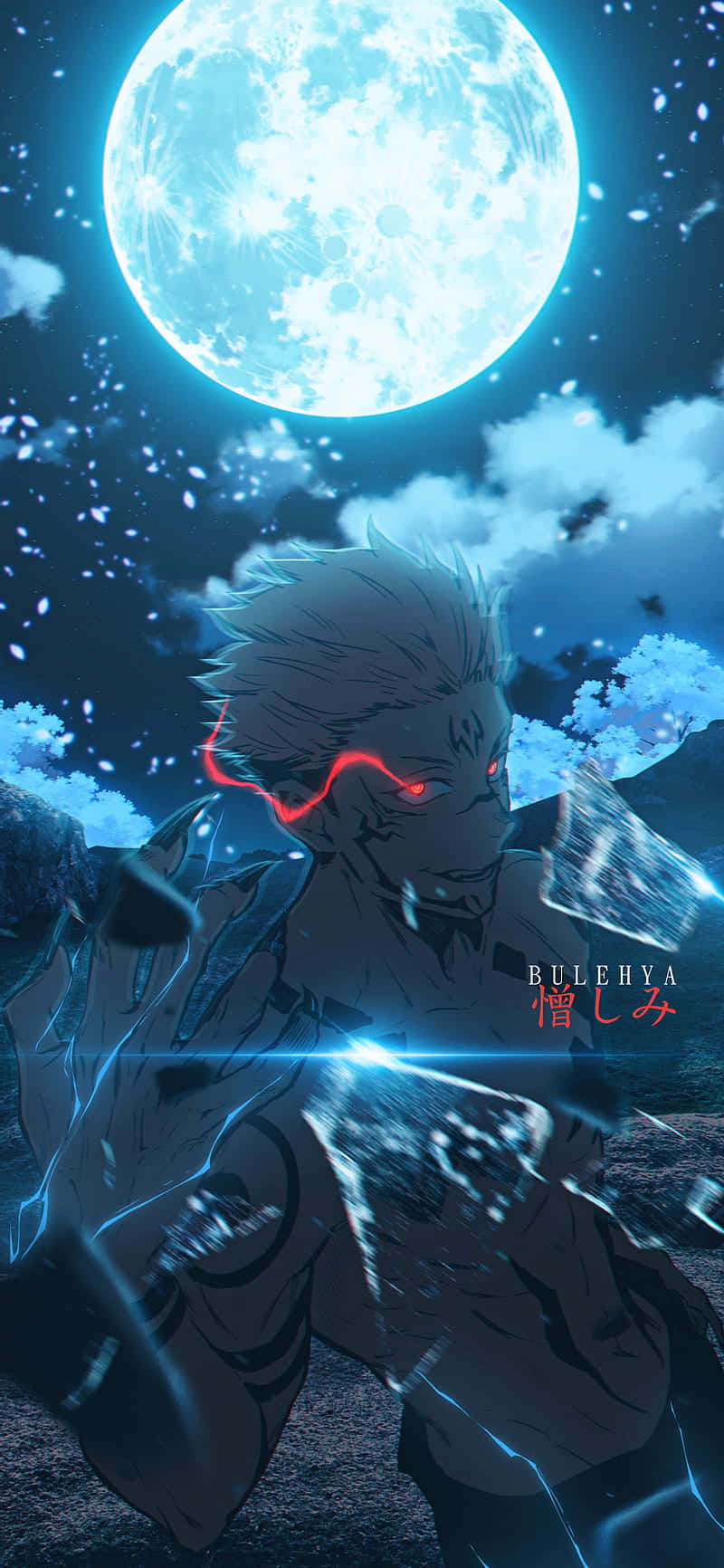 自信連線，選 Sukuna Mobile 壁紙 — 一個發光的動漫戰士，擁有紅色眼睛和電藍色能量，站在巨大的滿月下，櫻花在夜空中飄落。