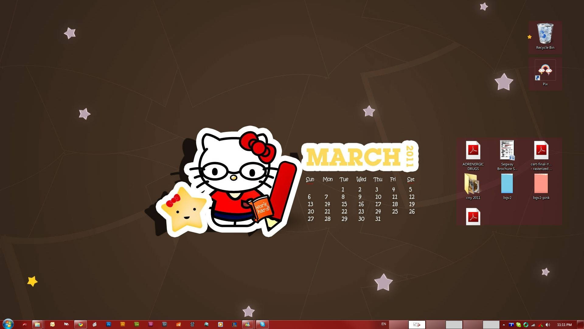 自得其樂的宅男讀書時刻 壁紙 — 戴眼鏡的Hello Kitty在星光點點的棕色桌面上，拿著鉛筆，旁邊是2011年3月的日曆。