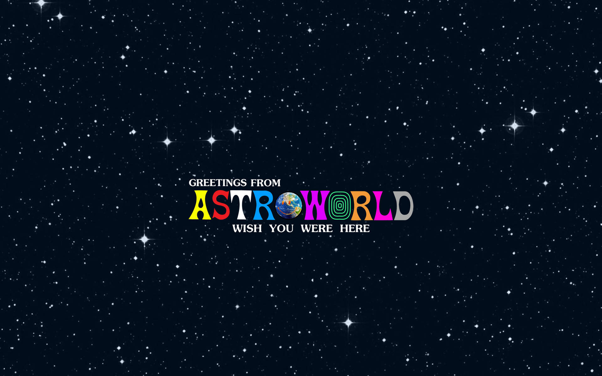 帶有AstroWorld標誌和文字問候的星空。