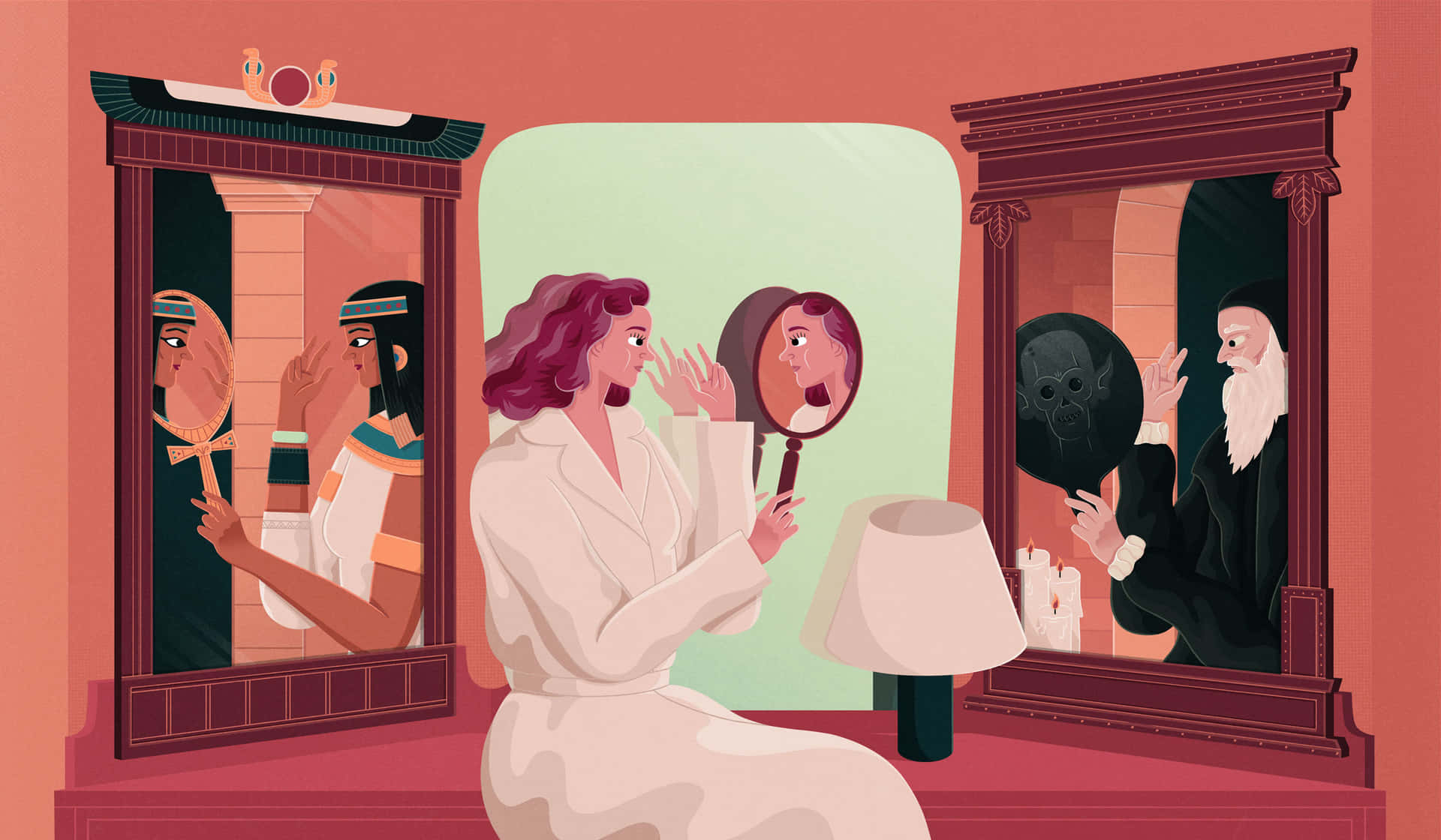 一位身穿白色長袍的女子看著鏡子，周圍的鏡子顯示她為埃及女王、幽靈和手持頭骨的巫師。