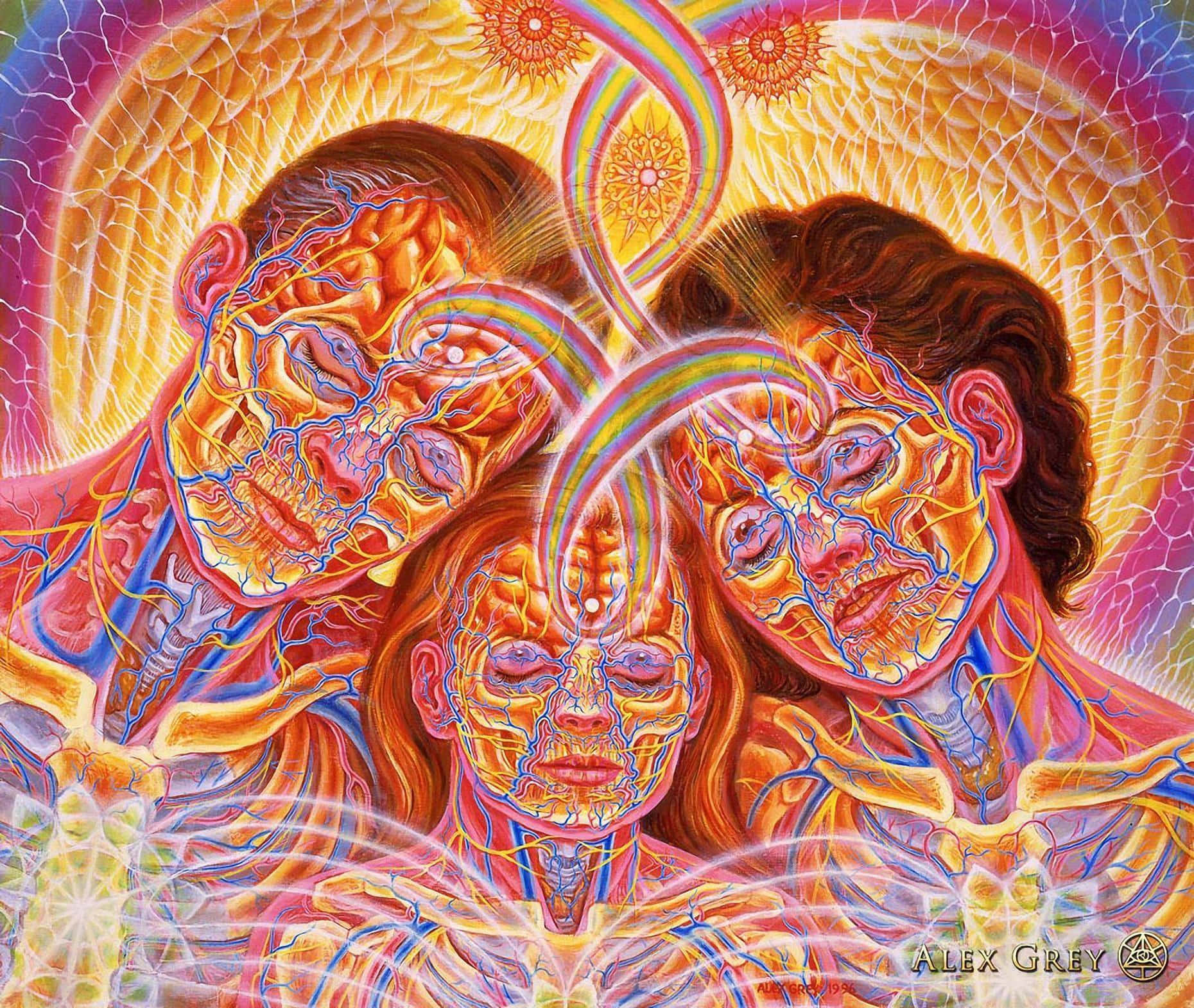 三個發光的臉，帶有神經路徑和光環，在迷幻的宇宙場景中。