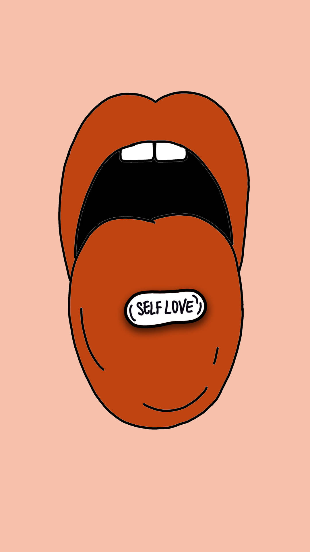卡通嘴巴，微笑的舌頭拿著 self love 貼紙，蜜桃色背景。