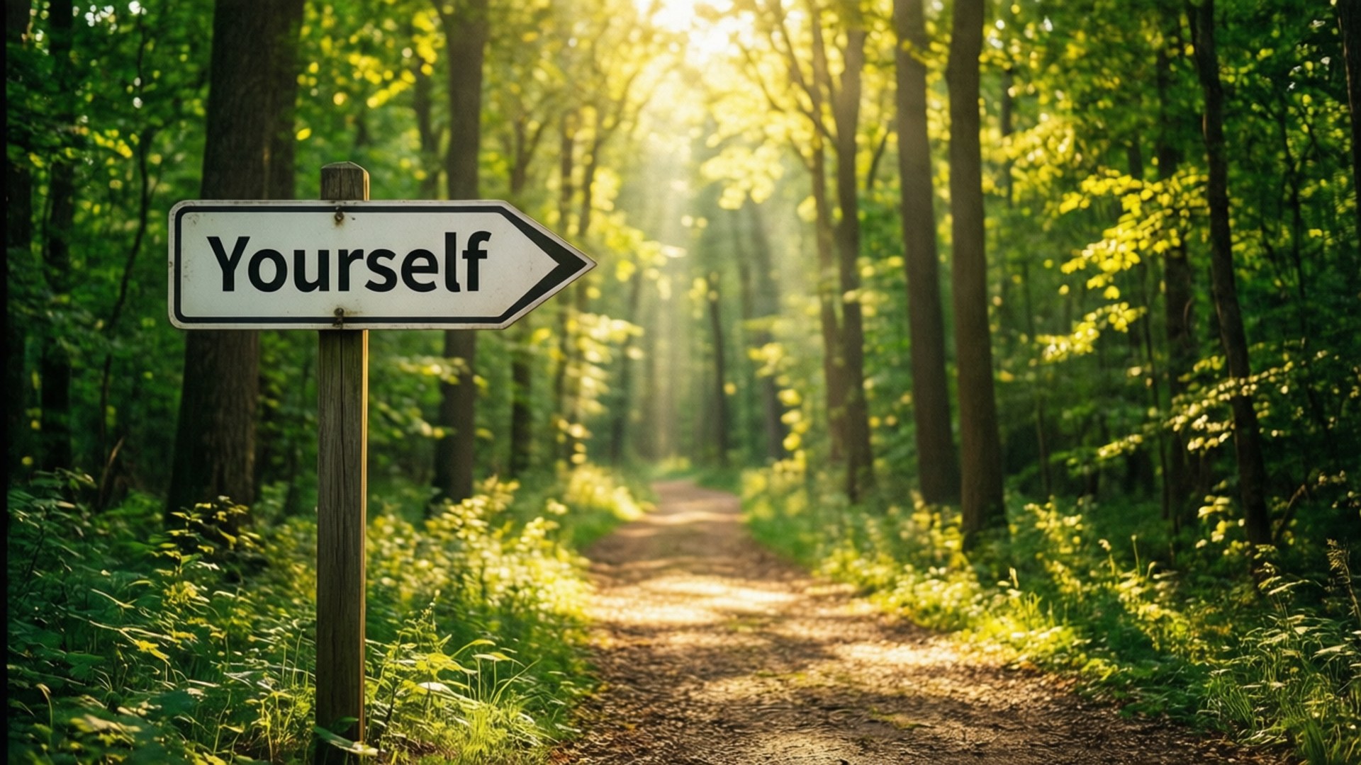 一個沿著陽光普照的森林小徑指向「Yourself」的標誌。