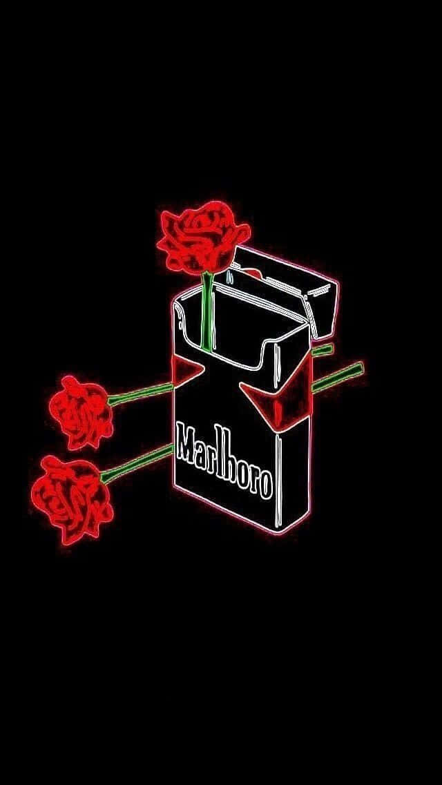自我賦能，閃耀如星 壁紙 — 霓虹紅玫瑰從發光的萬寶路香煙包裝中浮現，背景是純黑色。