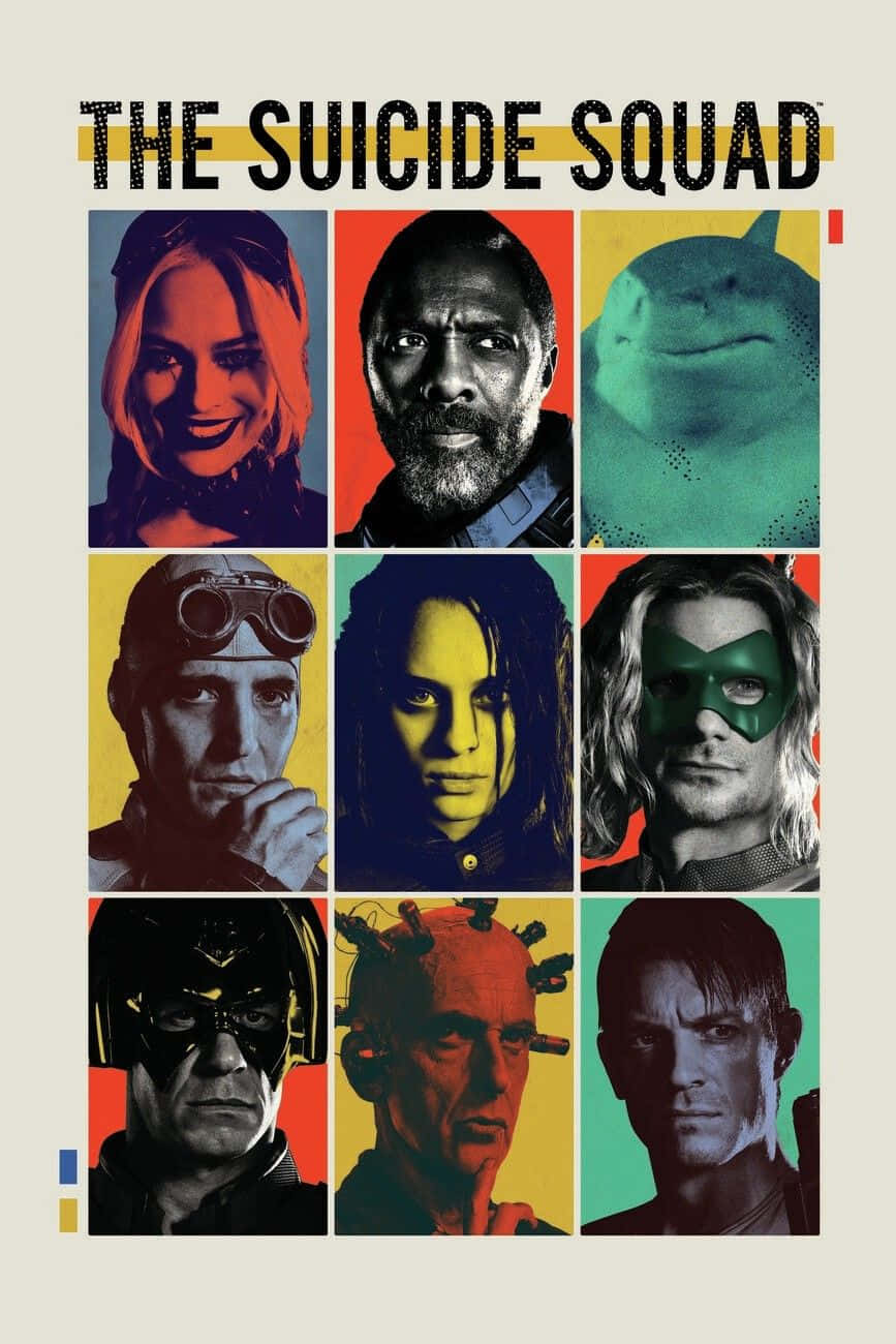 《自殺突擊隊》電影海報，九個角色肖像以網格排列，並以大膽色塊為特色。