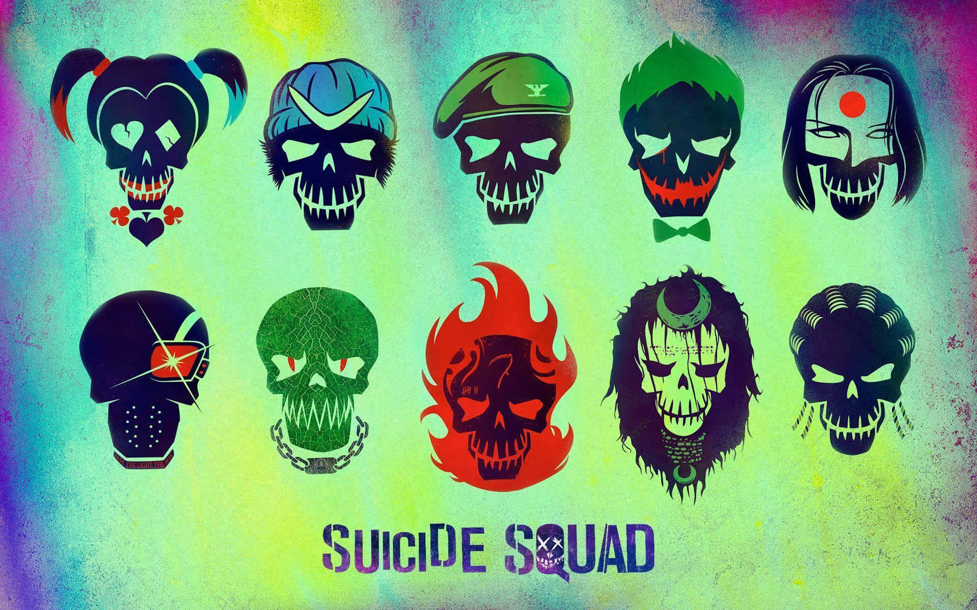 Suicide Squad 桌布 壁紙 — 自殺突擊隊角色的鮮明風格化頭骨，背景為迷幻漸變色。