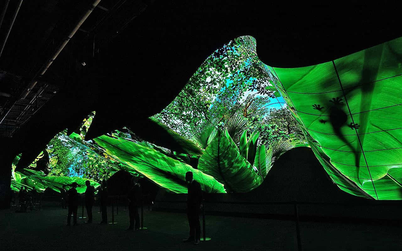 自然 OLED 圖 壁紙 — 剪影般的訪客站在一個巨大的彎曲數碼天幕下，天幕顯示出鮮綠的叢林葉片和壁虎剪影，位於一個黑暗的沉浸式畫廊中。