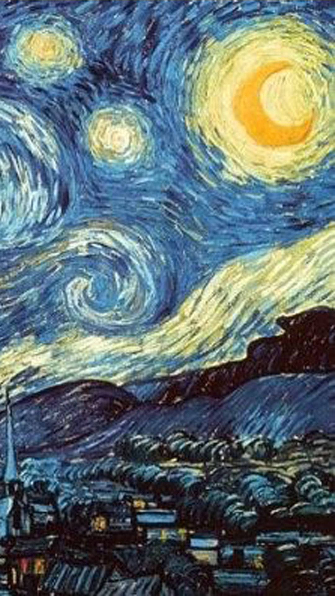 自然中的寧靜嬉皮士美學 壁紙 — 充滿活力的漩渦夜空，閃爍的星星和彎月高懸在寧靜的村莊之上。