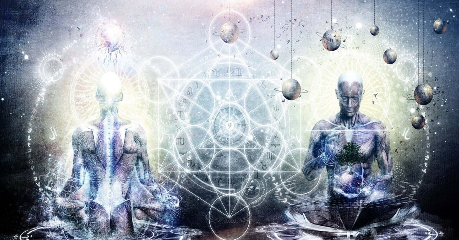自然中的寧靜靈性冥想 壁紙 — 兩個空靈的人形在宇宙虛空中，於漂浮的天體球體和發光的幾何符號之間冥想。