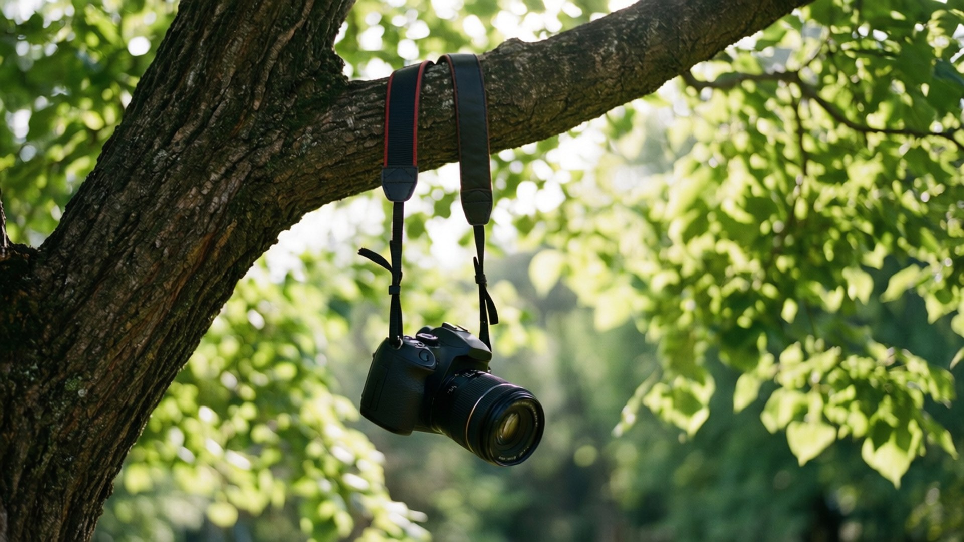 一部 DSLR 相機掛在陽光照射的森林中的樹枝上。