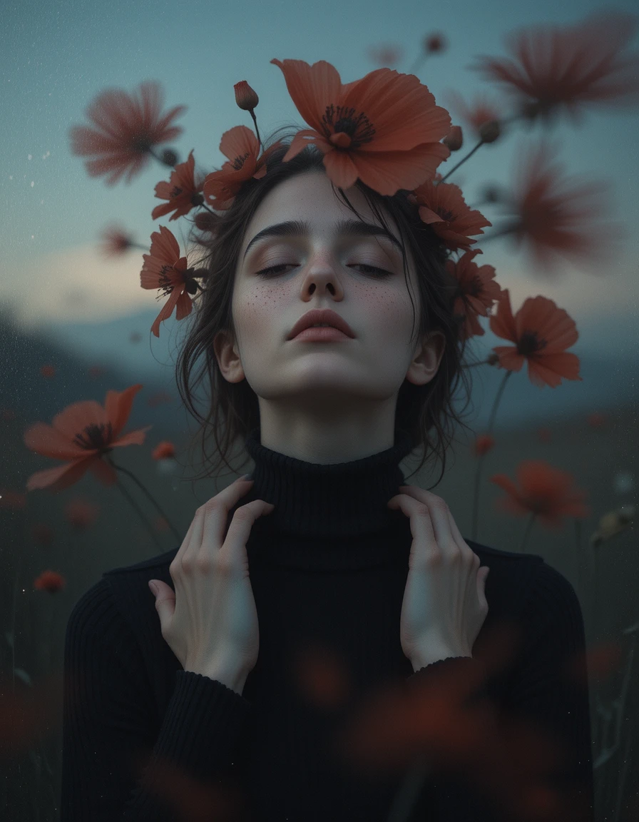 自然中的美麗女孩 壁紙 — 一位寧靜的女子閉上眼睛，戴著鮮紅罌粟花冠，映襯著柔和的暮色天空。