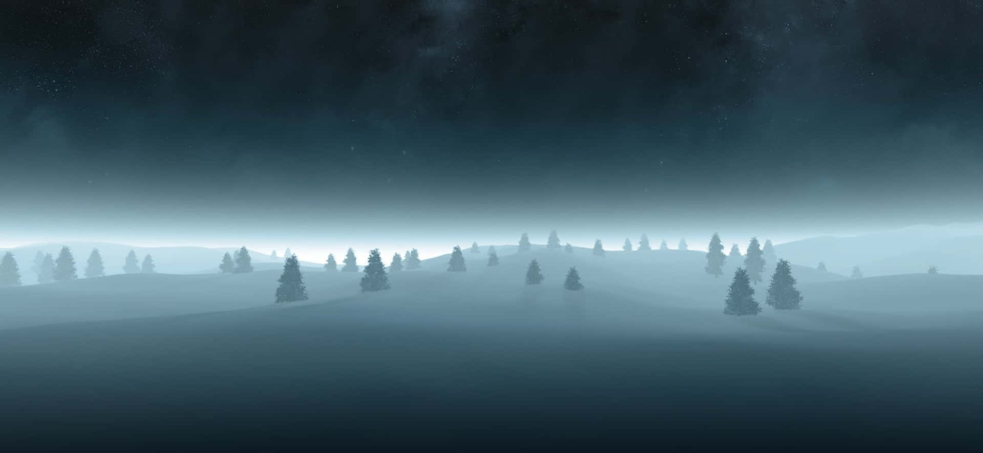 霧氣瀰漫的夜晚景觀，星空下的松樹剪影。
