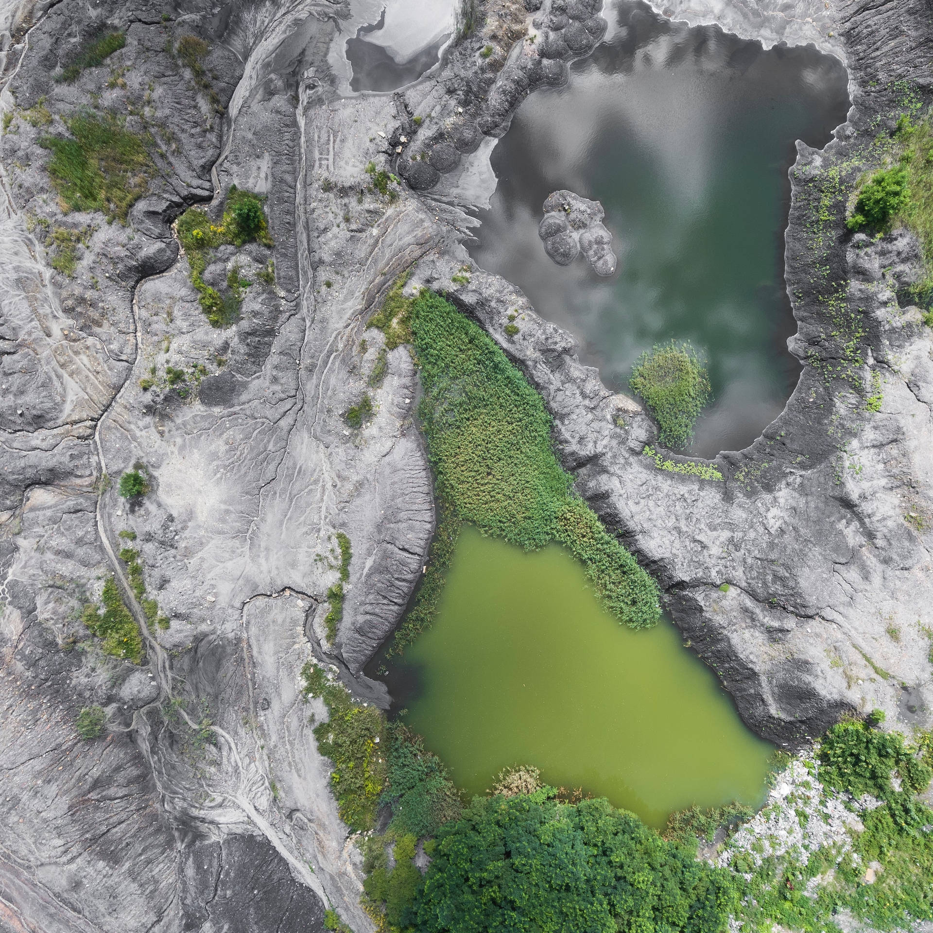 火山口湖的鳥瞰圖，湖水呈綠色，灰色岩石形成。