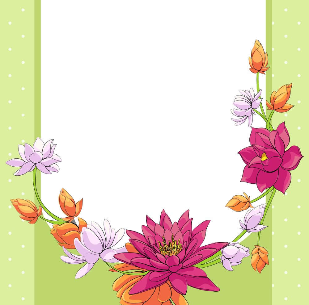 「自然之美：盛開的蓮花」 壁紙 — 鮮豔的粉紅色和橙色蓮花與白色花蕾在淺綠色圓點邊框上形成一個空白空間。