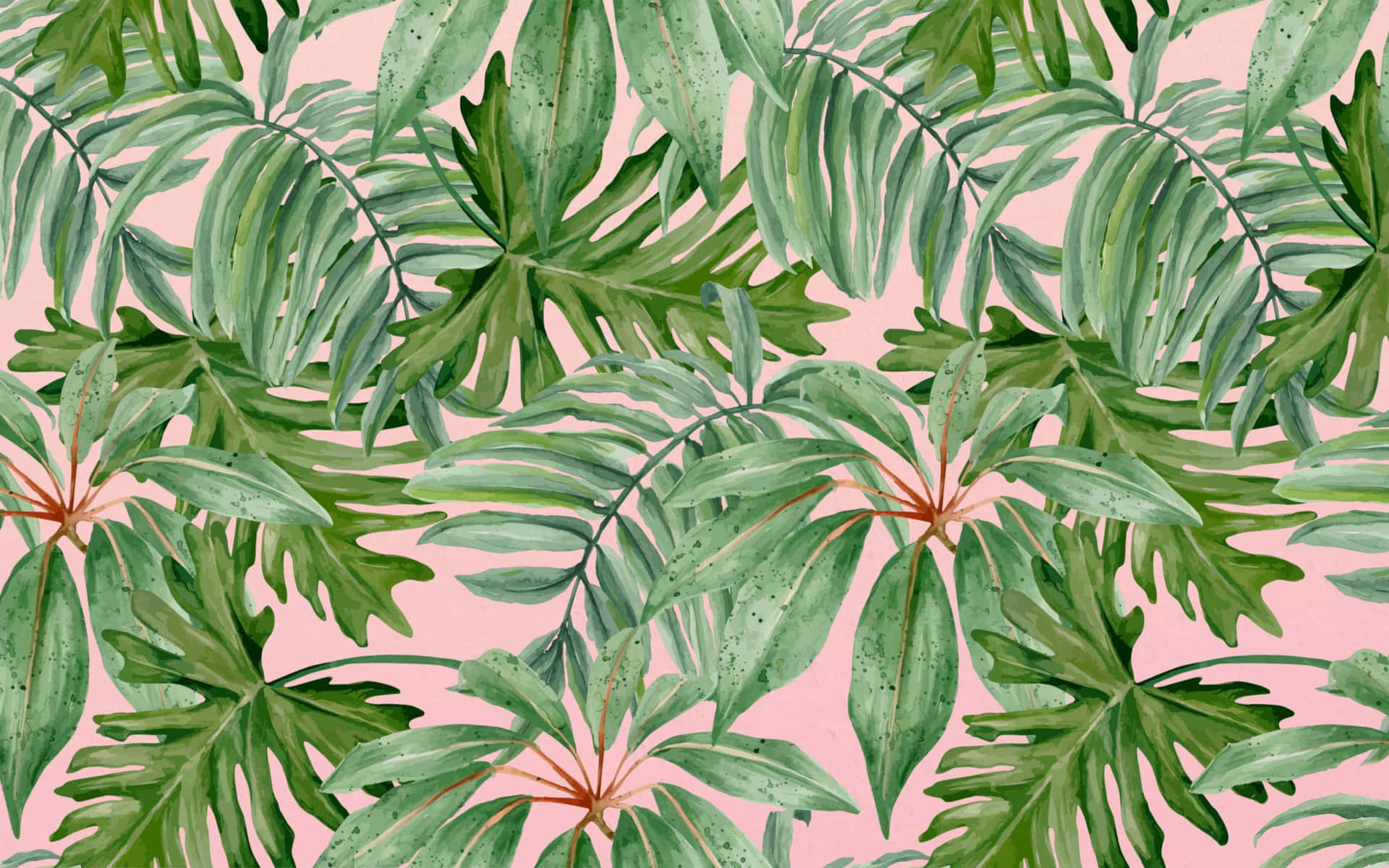 粉紅色背景上的水彩風格熱帶葉子圖案