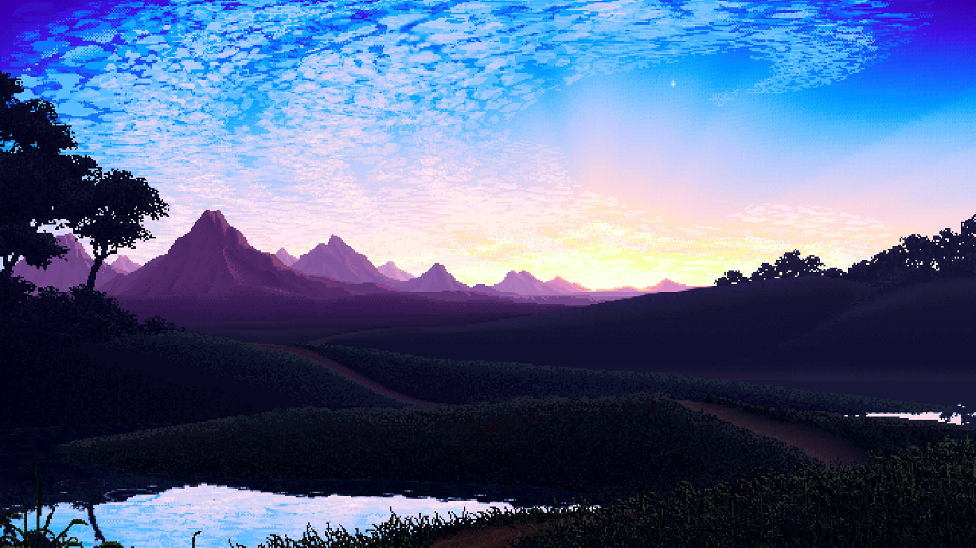 「自然之美以像素呈現」 壁紙 — 寧靜的暮色景觀，紫色山脈在平靜河流中倒映著充滿活力的藍色和橙色天空的剪影。