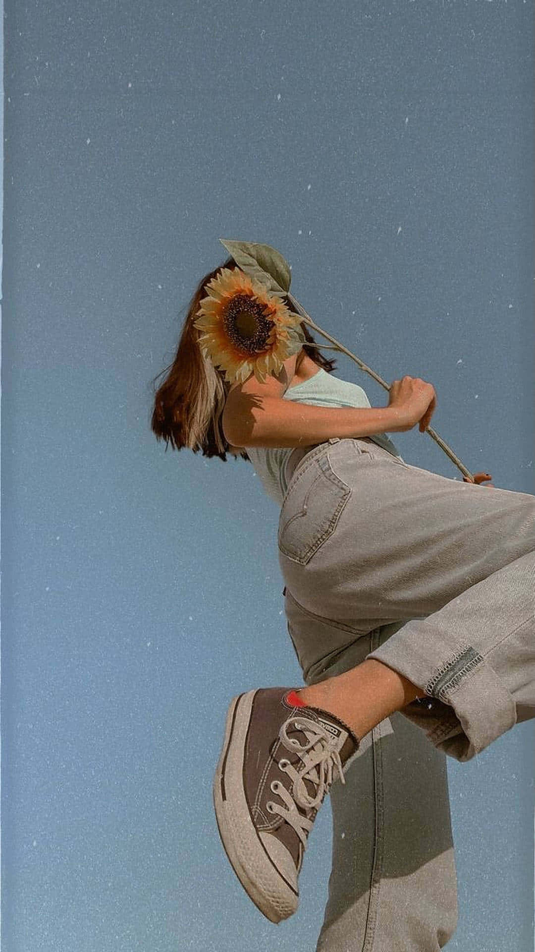 人在星空背景下跳起，向日葵遮臉