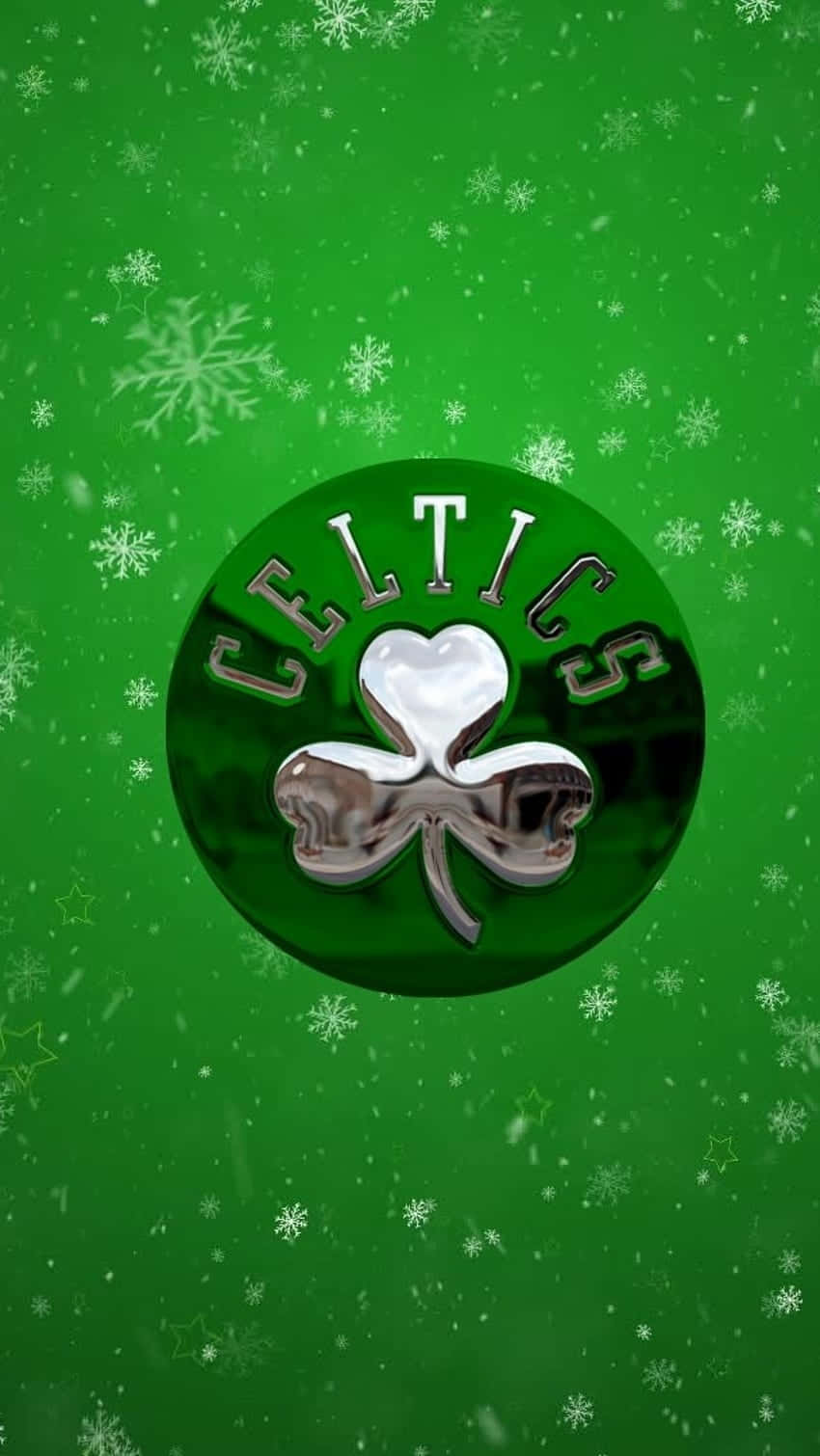 BOSTON CELTICS 標誌，帶有心形三葉草，位於綠色背景上，配有雪花和星星