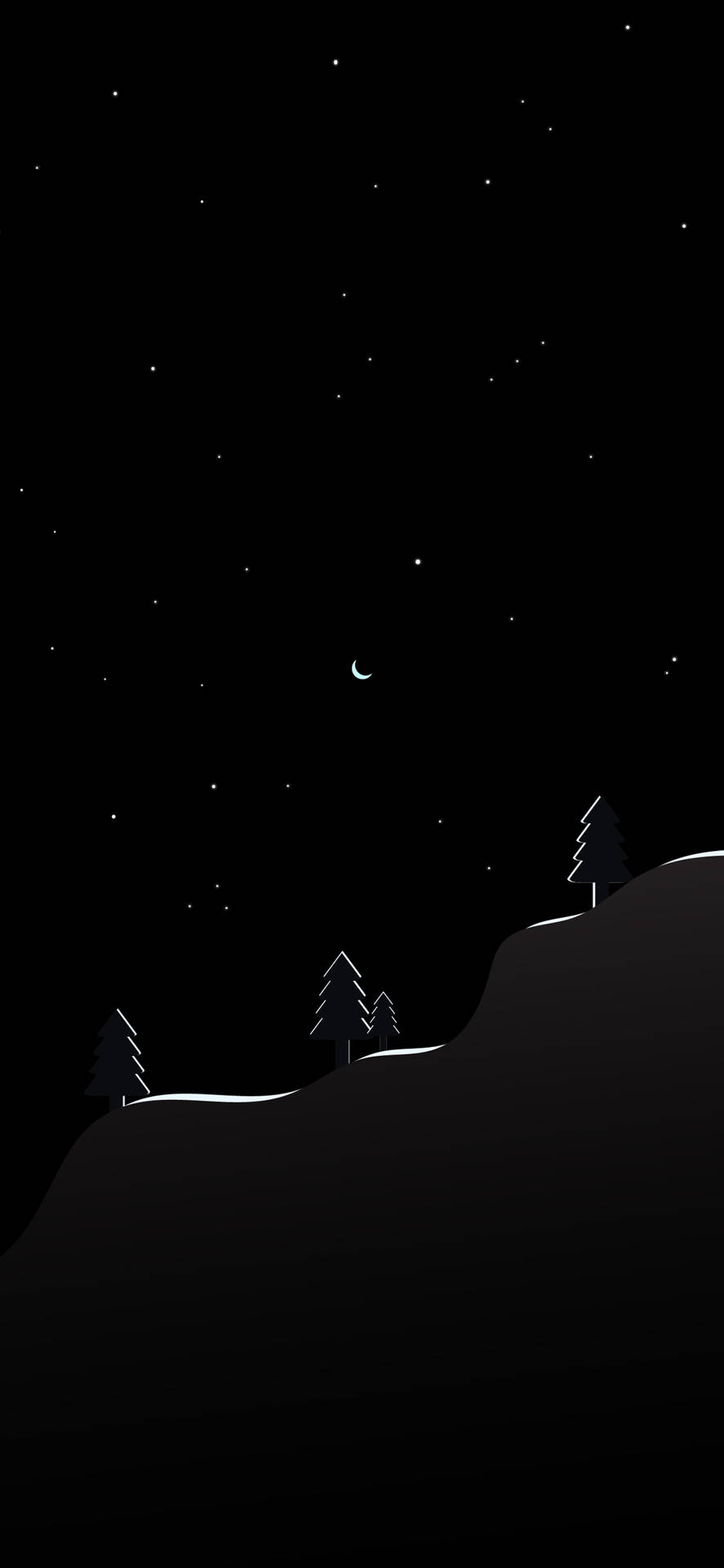 黑暗山丘上的樹木，在帶有新月的星空夜空下。