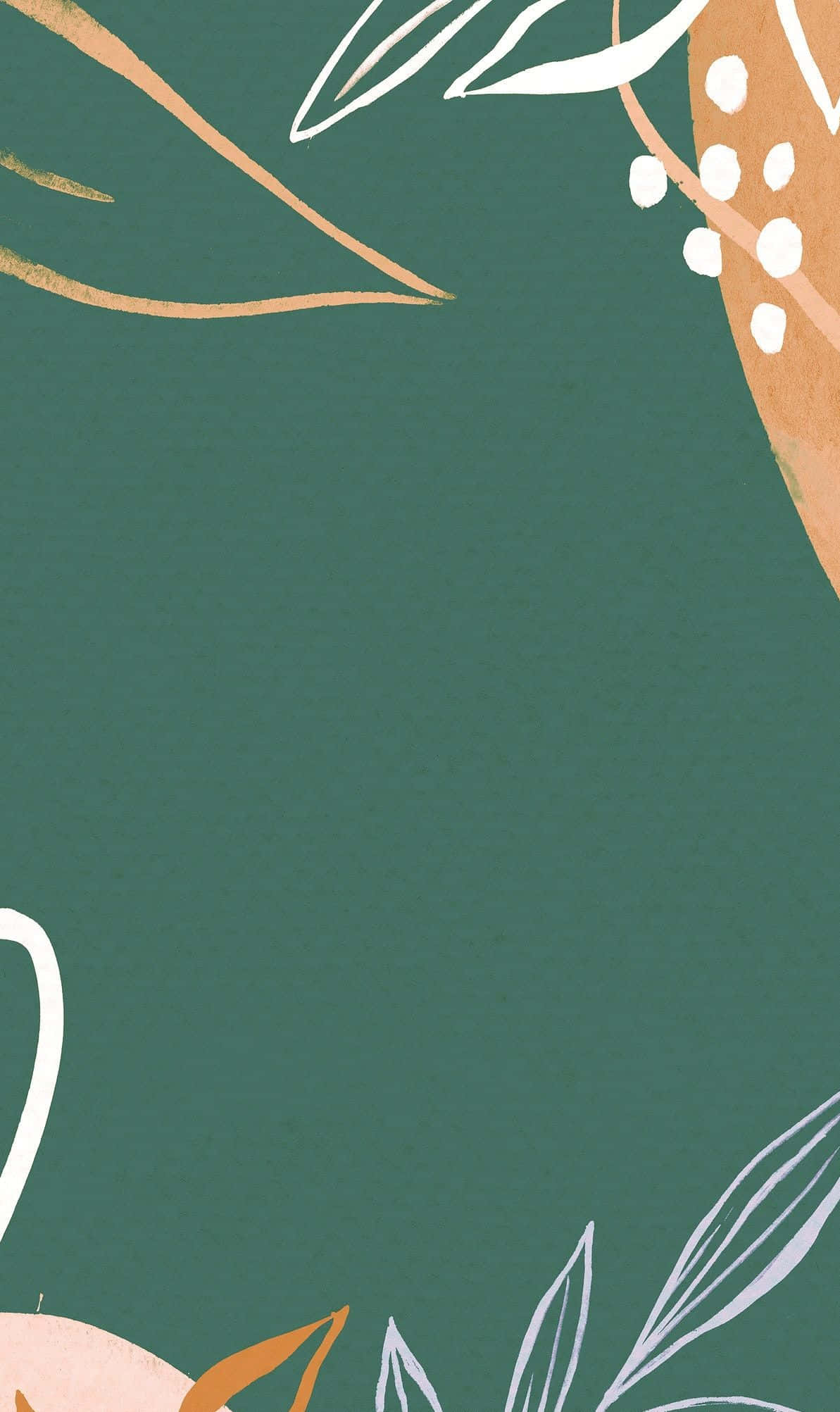 自然大地色調的寧靜漸層 壁紙 — 極簡植物插圖，以白色和金色葉片圖案框住深綠色背景。