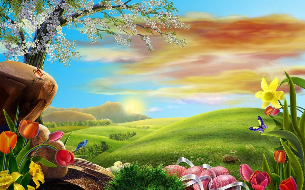 自然數位藝術免費PowerPoint背景 壁紙 — 充滿活力的春日草地，盛開的鬱金香、蝴蝶和櫻花，映襯著色彩繽紛的日落天空。