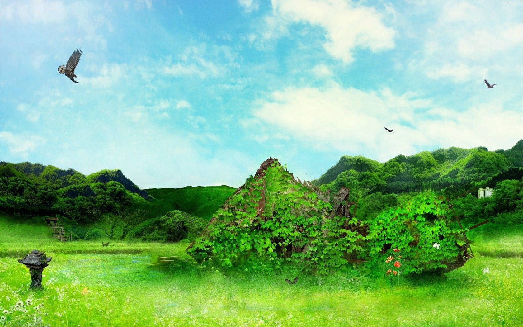 一片茂密的綠色田野，有長滿苔蘚的廢墟，鳥兒在藍天下飛過起伏的丘陵。