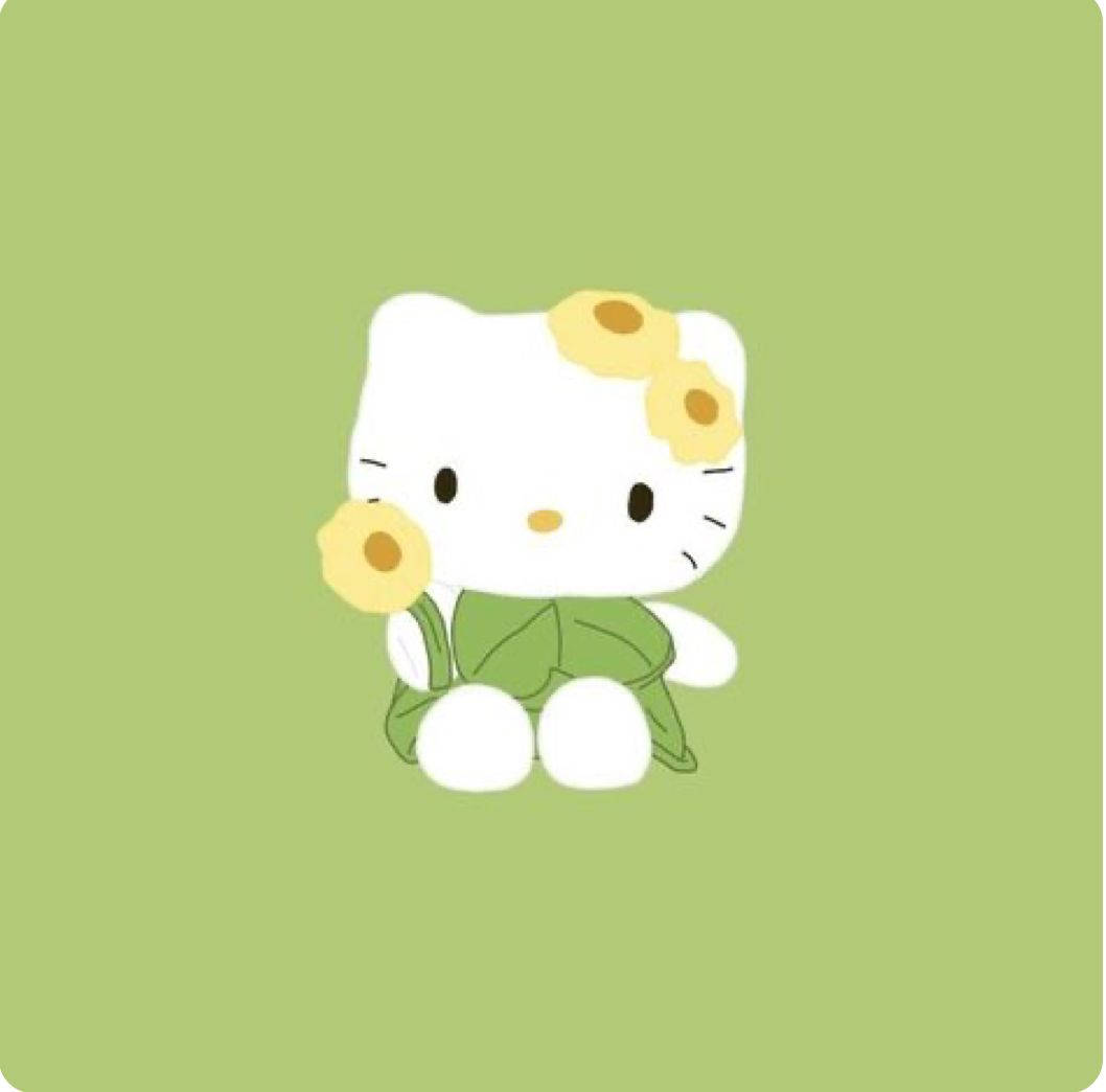 Hello Kitty 穿著綠色葉子連衣裙，手持黃色花朵。 — Hello kitty 美學 GIF 壁紙