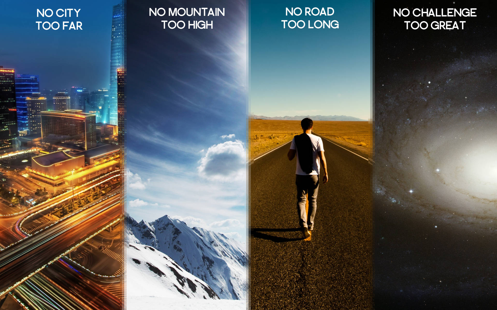 一個男人在星空下的沙漠道路上行走，勵志短語出現在城市山脈和太空之上。