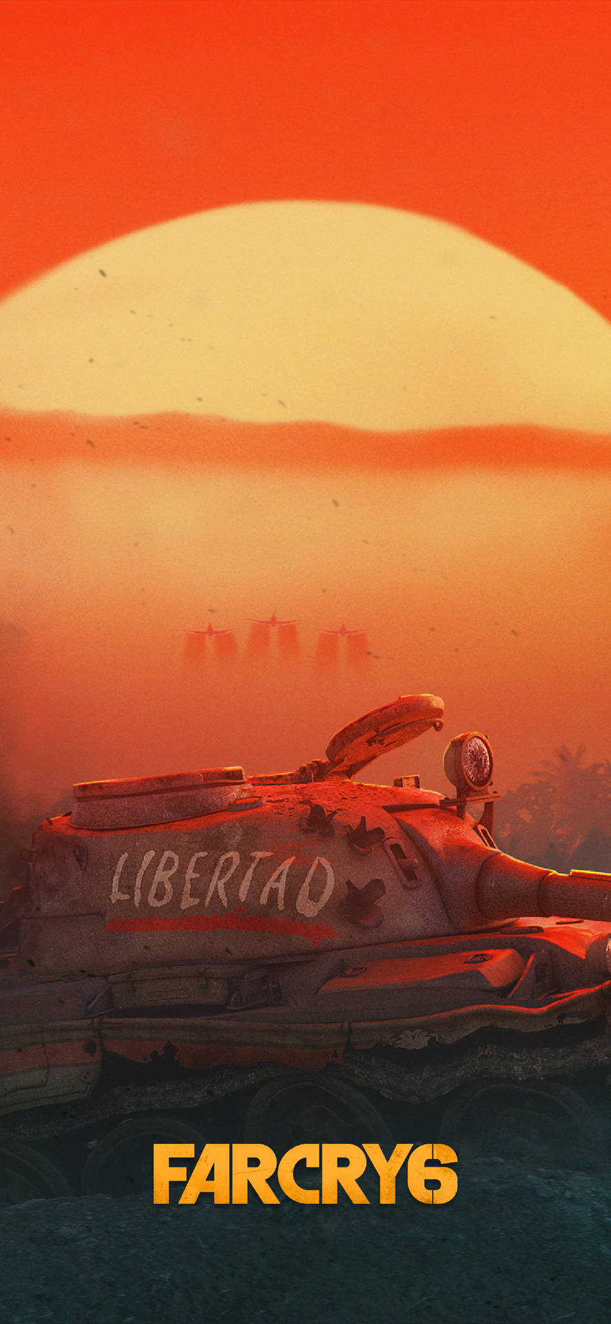一架鏽跡斑斑的坦克，標有「LIBERTAD」，在日落時的沙漠中，遠處可見船隻。