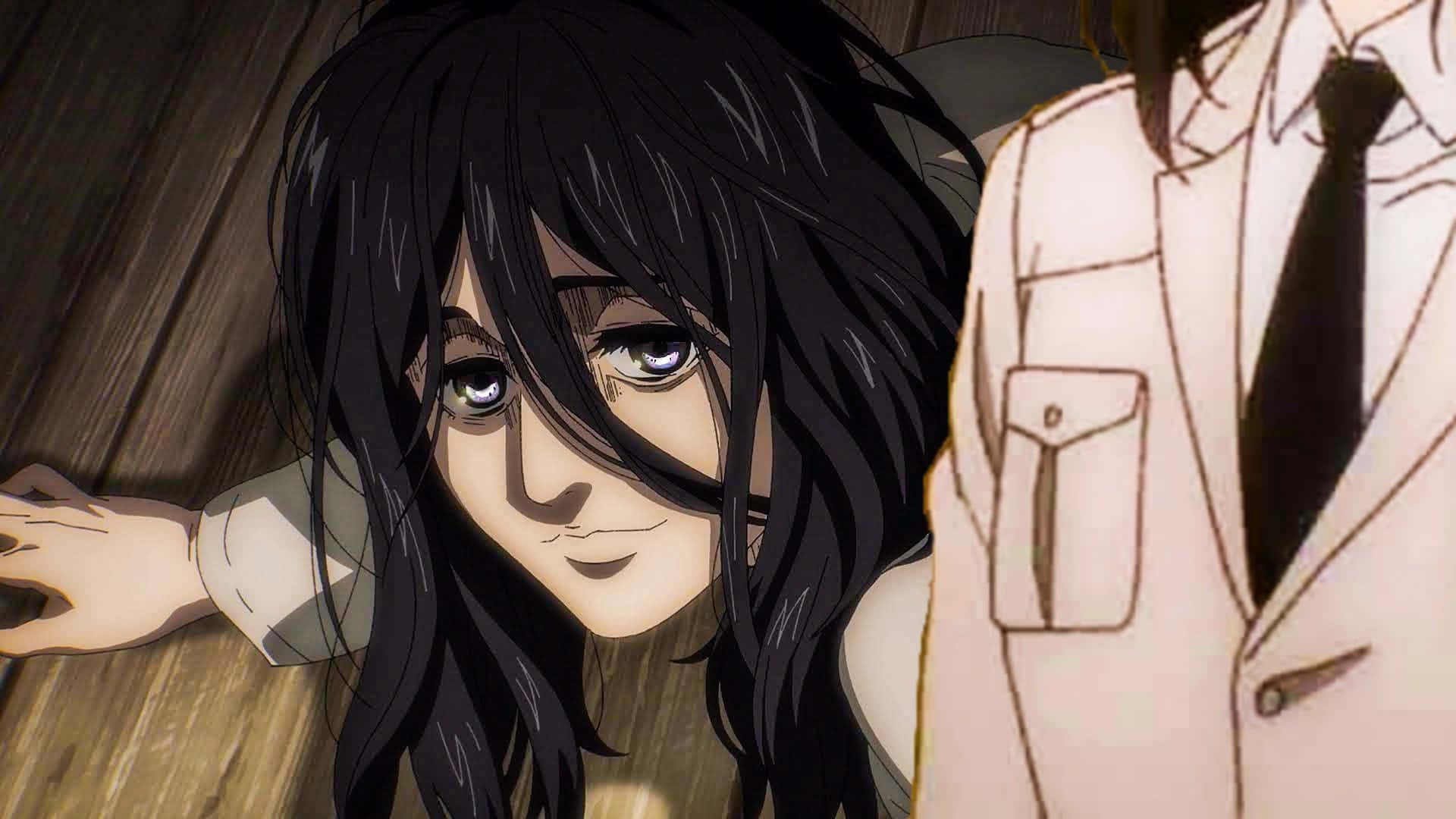 黑髮且眼神強烈的動漫女孩躺在木地板上，旁邊有另一個角色。