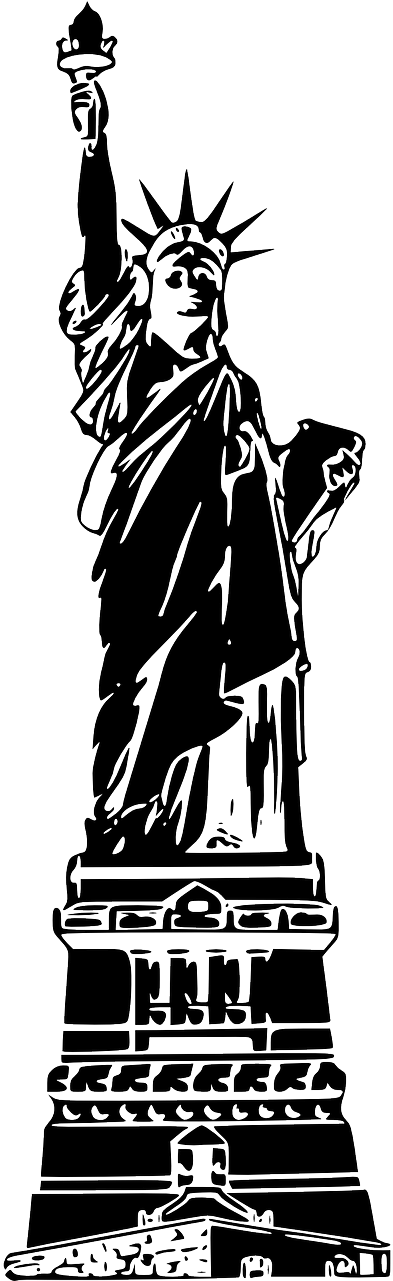 自由女神像剪影 壁紙 — 一座自由女神像的鮮明黑白線條藝術剪影，高舉火炬，襯托在深色背景上。