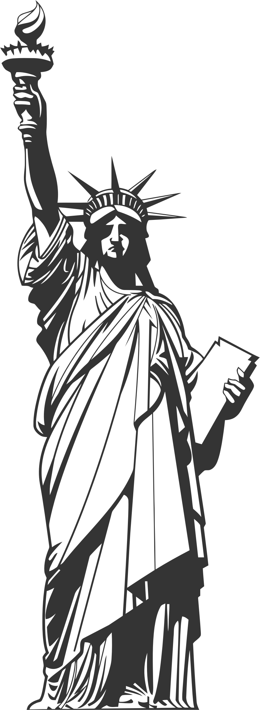 自由女神像剪影 壁紙 — 自由女神像手持火炬和石板的鮮明黑白剪影。