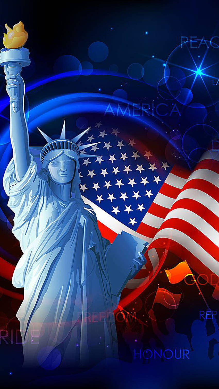 Statue Of Liberty 桌布 壁紙 — 自由女神像手持火炬，站在發光的美國國旗前，愛國字句漂浮在宇宙藍色背景中。