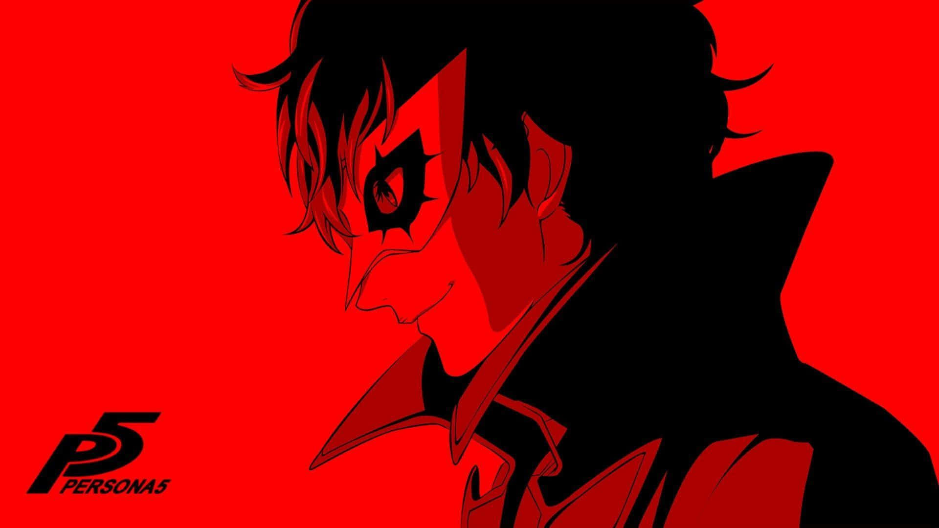 來自 Persona 5 的動漫角色，戴著面具和尖刺頭髮，紅色背景。