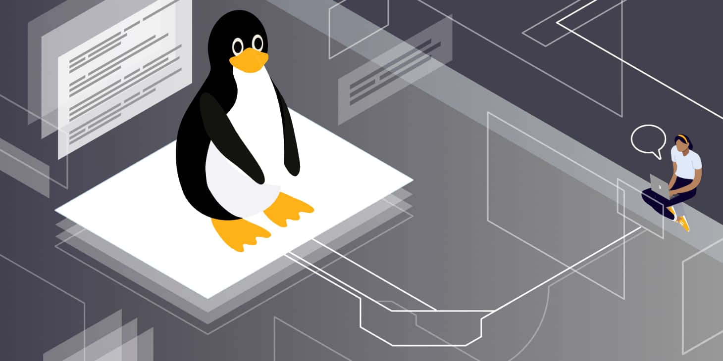 「自由開發 — Linux」 壁紙 — 一隻卡通企鵝坐在漂浮的文件上，而一個人正在數碼工作空間中使用手提電腦工作。