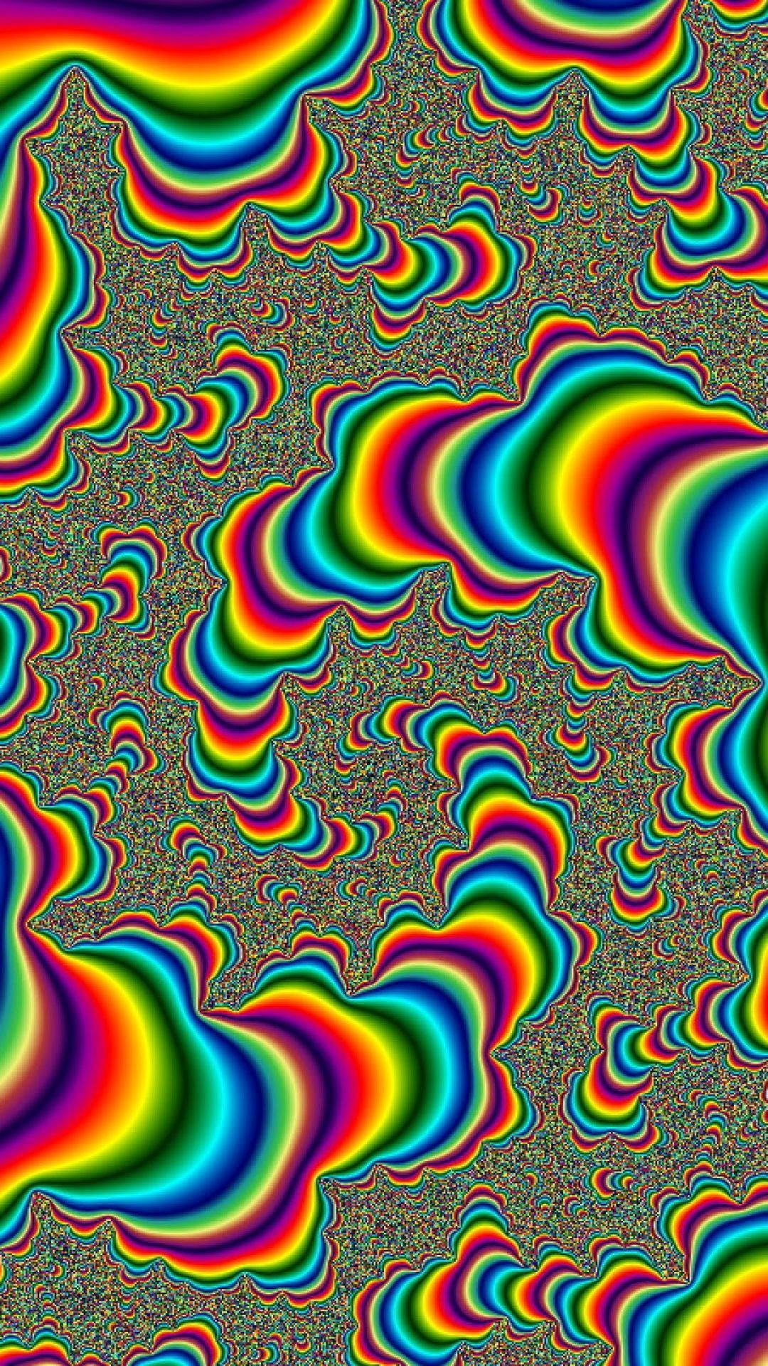 自由靈魂嬉皮士的深刻美學 壁紙 — 充滿活力的彩虹色迷幻漩渦在紋理深色背景上以迷人的分形圖案漣漪。